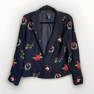 MAK Women Black CHRISTMAS HOLIDAY Blazer 12 Embroidered Wreaths Bells Holly
